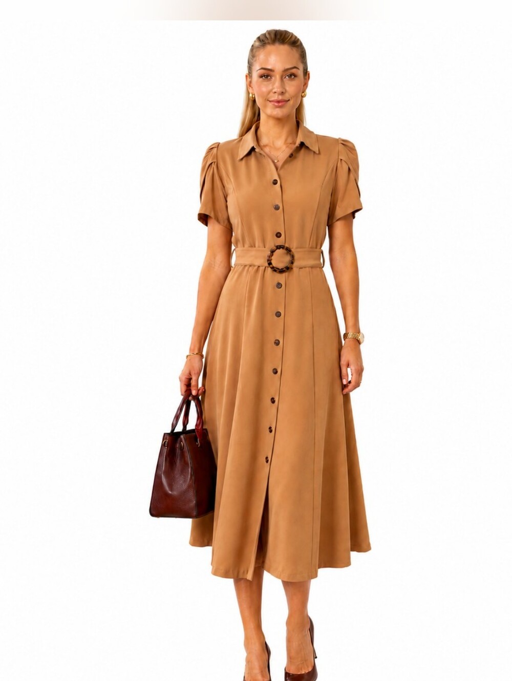 Calvin Klein Women’s Belted Button Front Shirt Dress Size 4 Puff Sleeve, NWT.